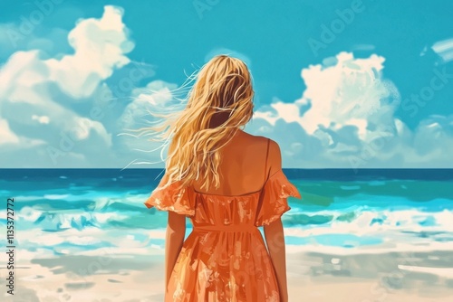 illustration of back view of unrecognizable female in stylish dress with long blond hair standing on beach during summer vacation