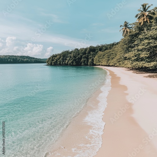 Serene Tropical Beach Paradise with Lush Green Foliage photo