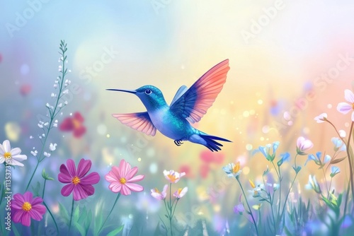 illustration of small hummingbird with colorful plumage flying near colorful blooming flowers on blurred background 
