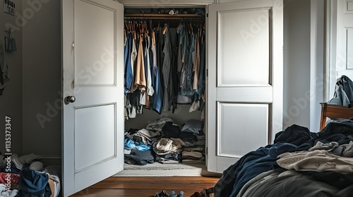 Untidy bedroom closet with overstuffed shelves and open doors depicting messy house cleaning concept.