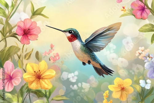 illustration of small hummingbird with colorful plumage flying near colorful blooming flowers on blurred background 