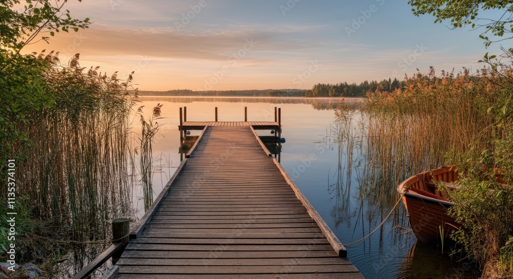 Wooden dock leading to serene lake during sunset with boat tied side, surrounded by tall reeds Wooden dock leading to serene lake during sunset with boat tied side, surrounded by tall reeds