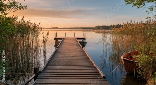 Wallpaper Mural Wooden dock leading to serene lake during sunset with boat tied side, surrounded by tall reeds Torontodigital.ca