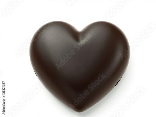 A rich, dark chocolate heart, glossy and smooth, sits alone against a stark white background, isolated, confectionery, white background