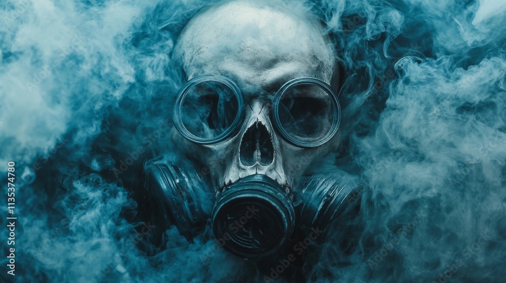 Chilling image of a skull wearing a gas mask engulfed by blue-tinted smoke, evoking themes of toxicity, decay, and post-apocalyptic survival.. AI Generation Chilling image of a skull wearing a gas mask engulfed by blue-tinted smoke, evoking themes of toxicity, decay, and post-apocalyptic survival.. AI Generation