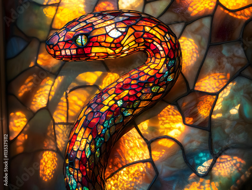 A stunning close-up of a stained glass snake design illuminated by warm light. photo