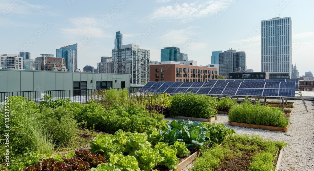Fototapeta premium Urban rooftop garden with various vegetables and solar panels, modern cityscape in background