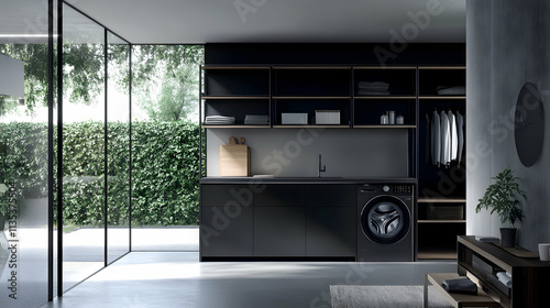 Modern laundry room featuring washing machine and dryer with shelves