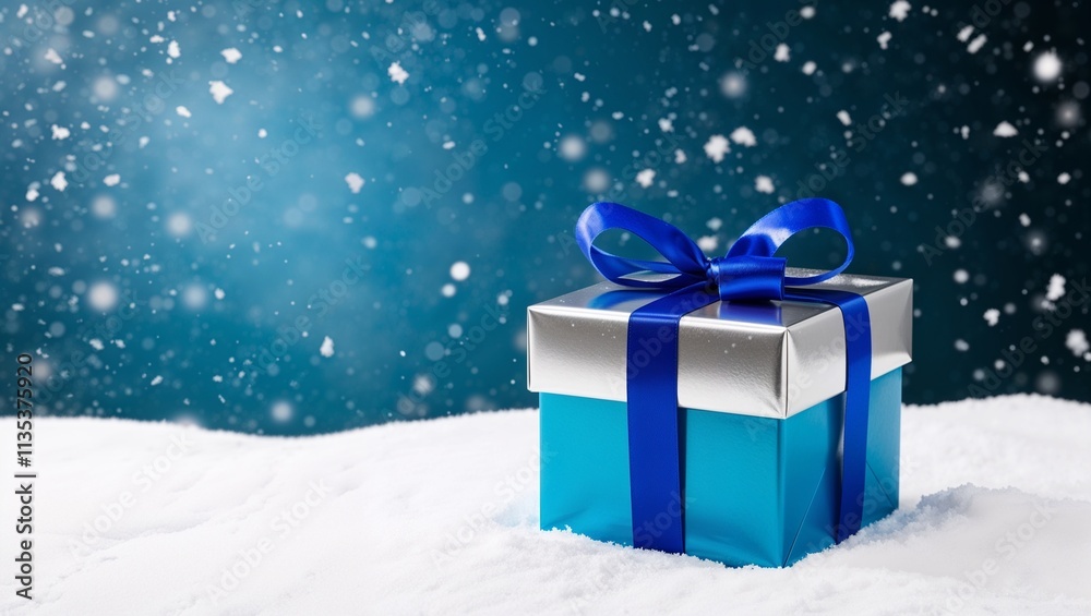 Snowy backdrop with a single, elegantly wrapped gift box in silver and blue. Snowy backdrop with a single, elegantly wrapped gift box in silver and blue.
