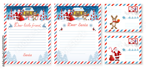 Set Christmas Envelope and wish list template. Layout wishlist letter to Santa Claus and from Santa with inscription "Dear little friend" and "Dear Santa".