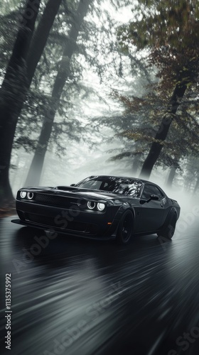 Dynamic image of a modern black muscle car driving on a wet road through a misty forest. Captures speed, power, and mystery with atmospheric lighting and blurred motion.. AI Generation
