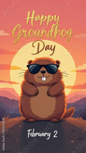 Cheerful groundhog wearing sunglasses for happy groundhog day celebration