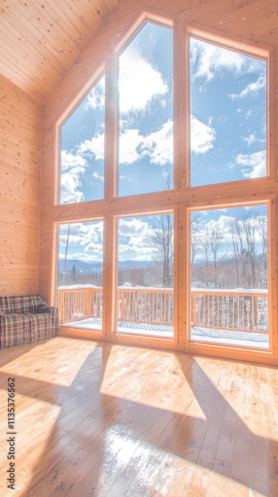 Fototapeta premium Spacious wooden interior with large windows showcasing a scenic view.