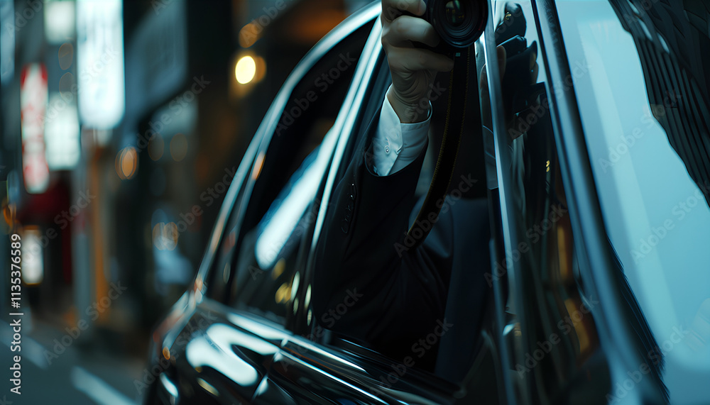 concept spy or private detective takes photos with a long-focus lens from the car window concept spy or private detective takes photos with a long-focus lens from the car window