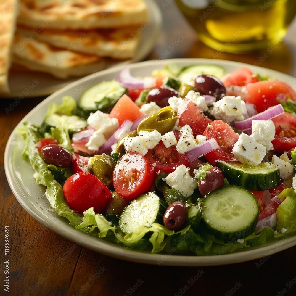 A refreshing plate of Greek salad with crisp lettuce, juicy tomatoes, cucumbers A refreshing plate of Greek salad with crisp lettuce, juicy tomatoes, cucumbers