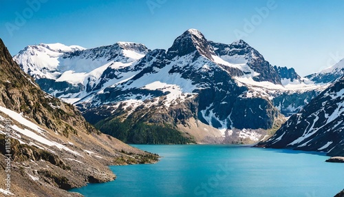 Snow-Capped Mountain Range Overlooking Peaceful Glacier Lake Under Bright Sunlight