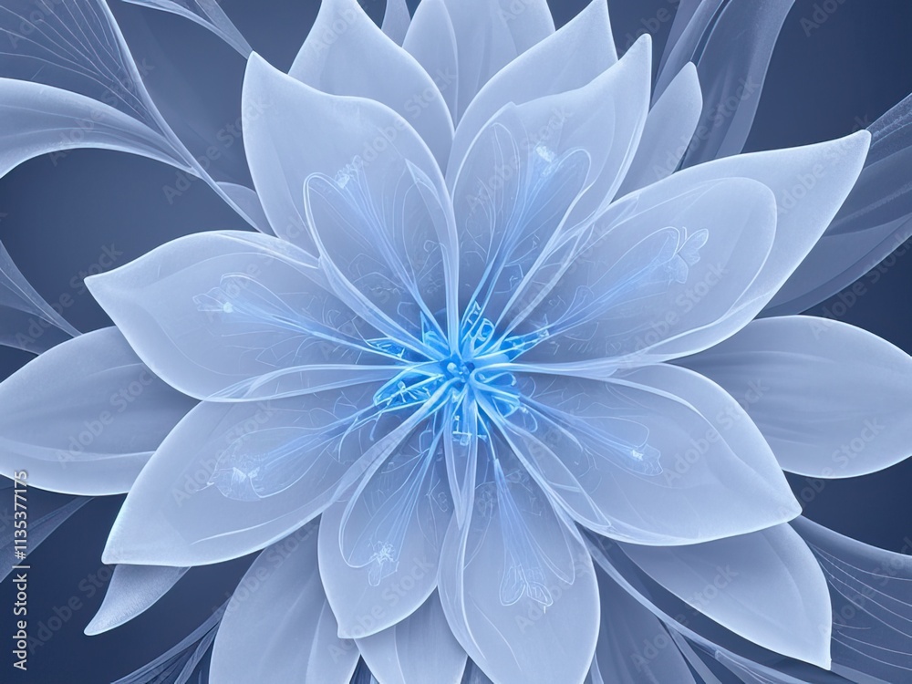Obraz premium Elegant x-ray style blue flower, translucent petals, soft gradient background