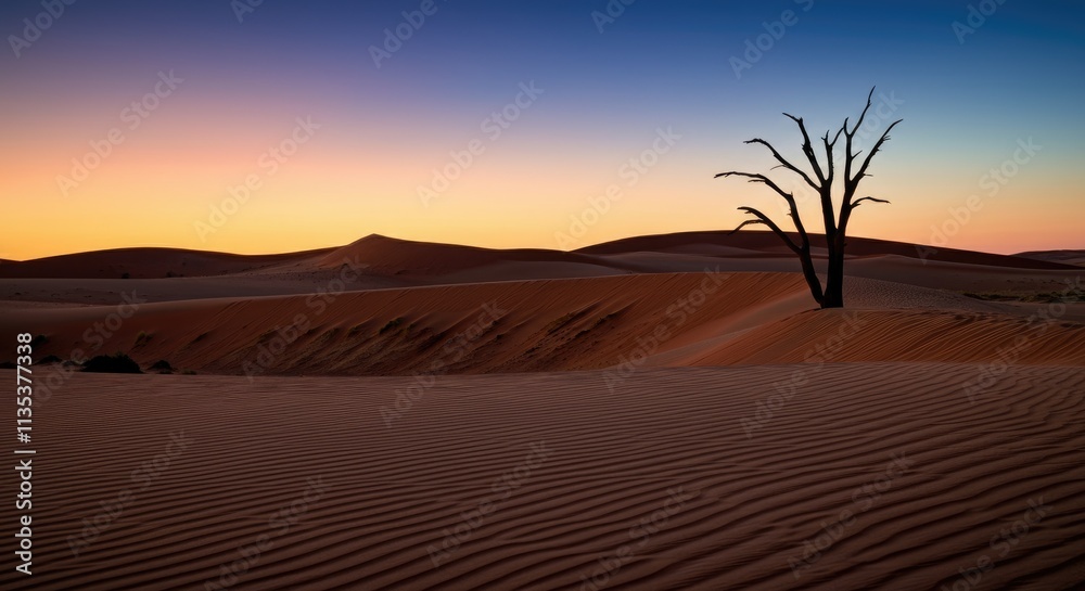 Silhouette of tree in vast desert landscape at sunset Silhouette of tree in vast desert landscape at sunset