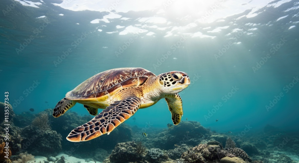 Obraz premium Sea turtle swimming underwater over coral reef with sunlight streaming through water