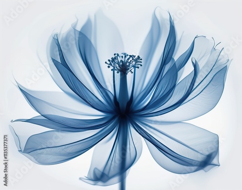 Elegant x-ray style blue flower, translucent petals, soft gradient background