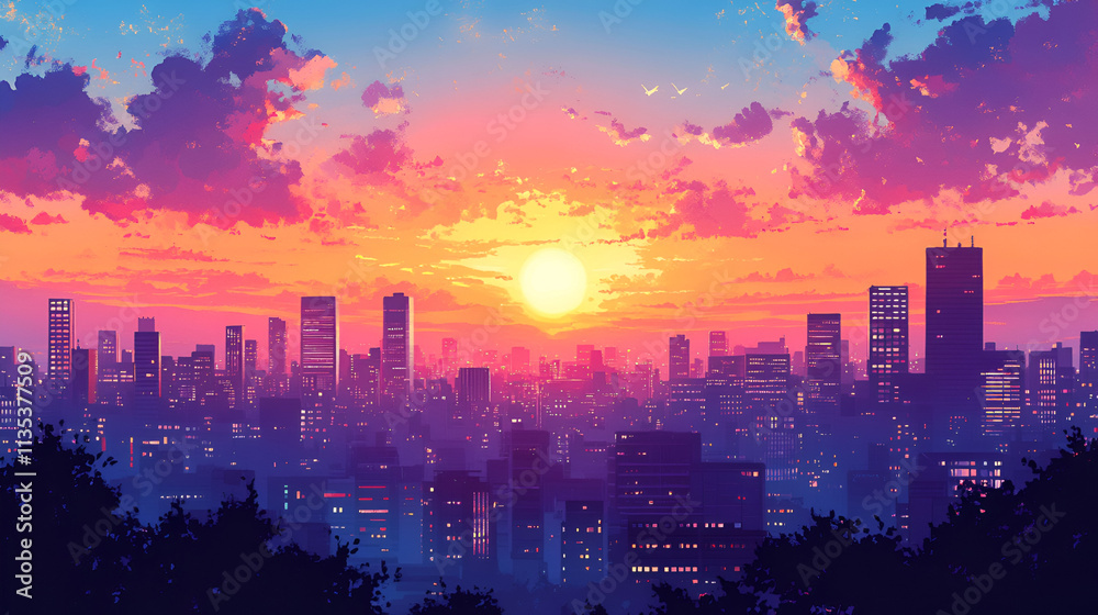 Vibrant City Skyline at Sunset with Colorful Clouds Vibrant City Skyline at Sunset with Colorful Clouds