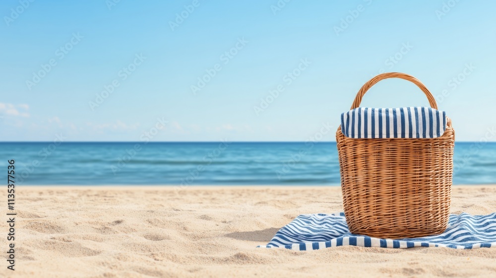 Fototapeta premium Sunny Beach Picnic Basket Awaiting Summer Fun