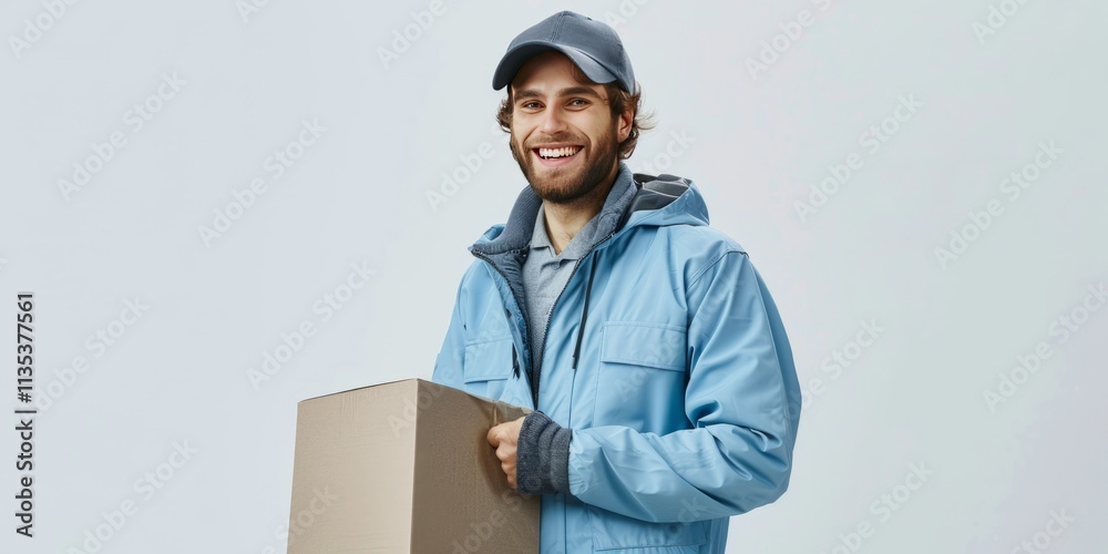 Smiling delivery man in a sky blue jacket and cap holding a box on a white background, 4K hyperrealistic photo. Smiling delivery man in a sky blue jacket and cap holding a box on a white background, 4K hyperrealistic photo.