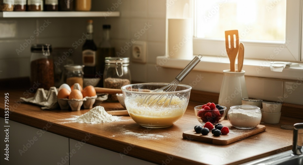 Kitchen with baking ingredients, eggs, whisk, berries on counter Kitchen with baking ingredients, eggs, whisk, berries on counter