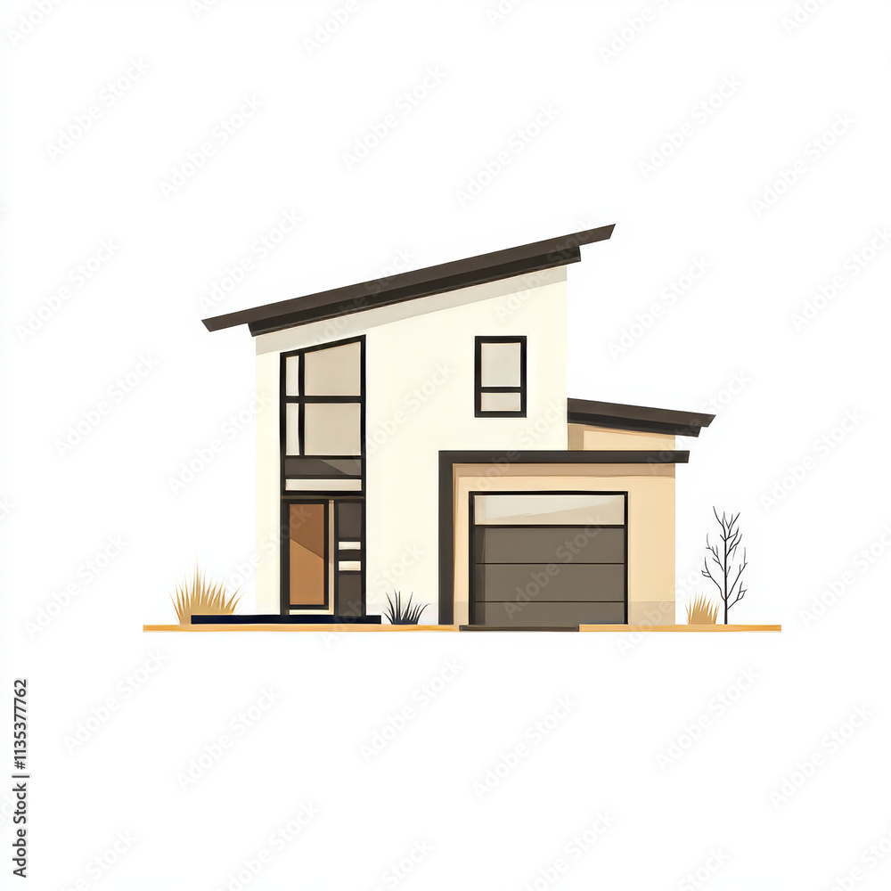 Modern two-story house with large windows and simple landscaping in a suburban setting Modern two-story house with large windows and simple landscaping in a suburban setting