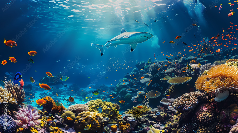Beneath the Waves: A vibrant coral reef teeming with life, illuminated by sunbeams piercing the surface. A lone shark gracefully glides through the crystal-clear water. Beneath the Waves: A vibrant coral reef teeming with life, illuminated by sunbeams piercing the surface. A lone shark gracefully glides through the crystal-clear water.