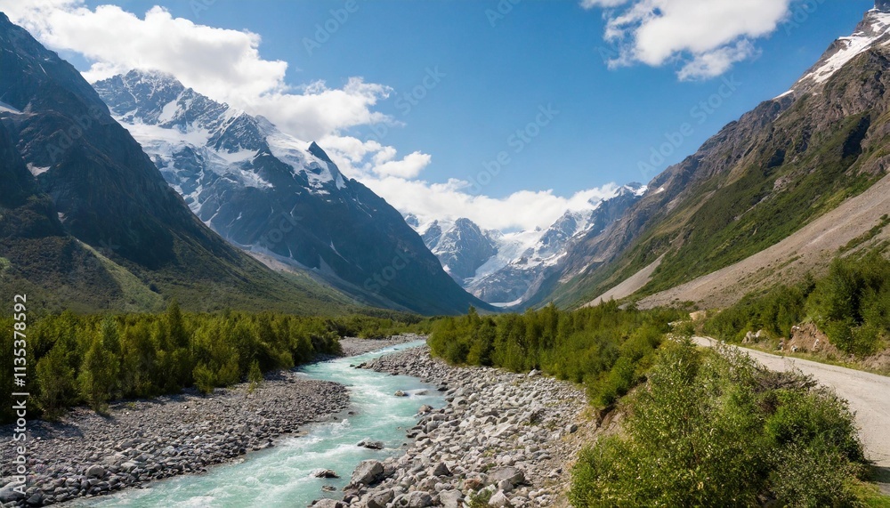 Glacial River Winding Through Rugged Valley Surrounded by Towering Snowy Peaks Glacial River Winding Through Rugged Valley Surrounded by Towering Snowy Peaks