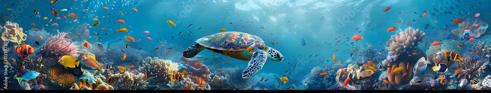 Fototapeta premium Sea Turtle in Vibrant Coral Reef: A majestic sea turtle gracefully glides through a vibrant coral reef teeming with colorful fish and marine life, creating a breathtaking underwater scene.