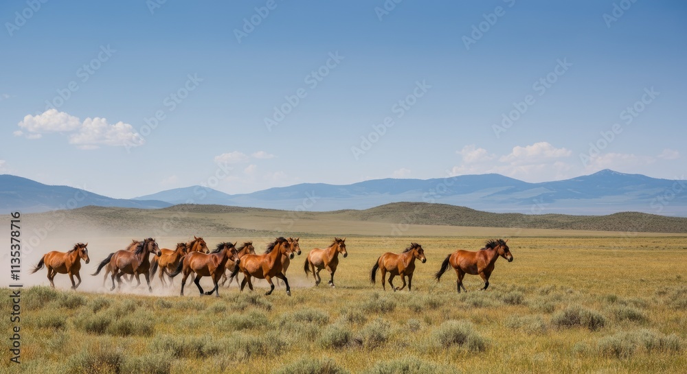 Wild horses running through grassy field with mountains in background Wild horses running through grassy field with mountains in background