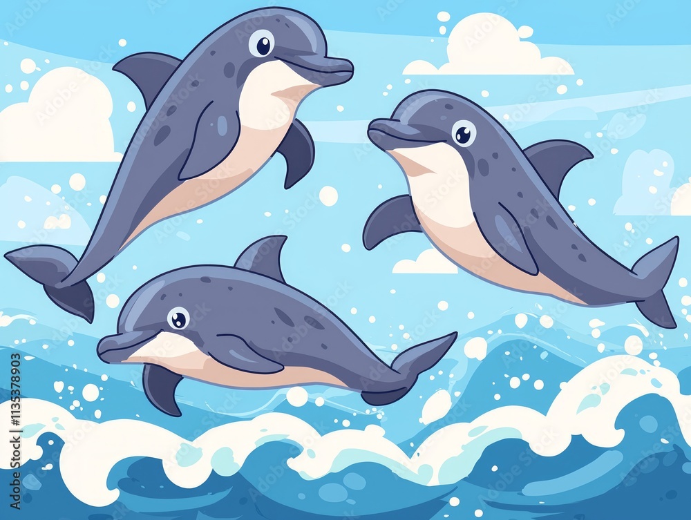 Obraz premium Three playful dolphins jumping over waves in a vibrant ocean scene.