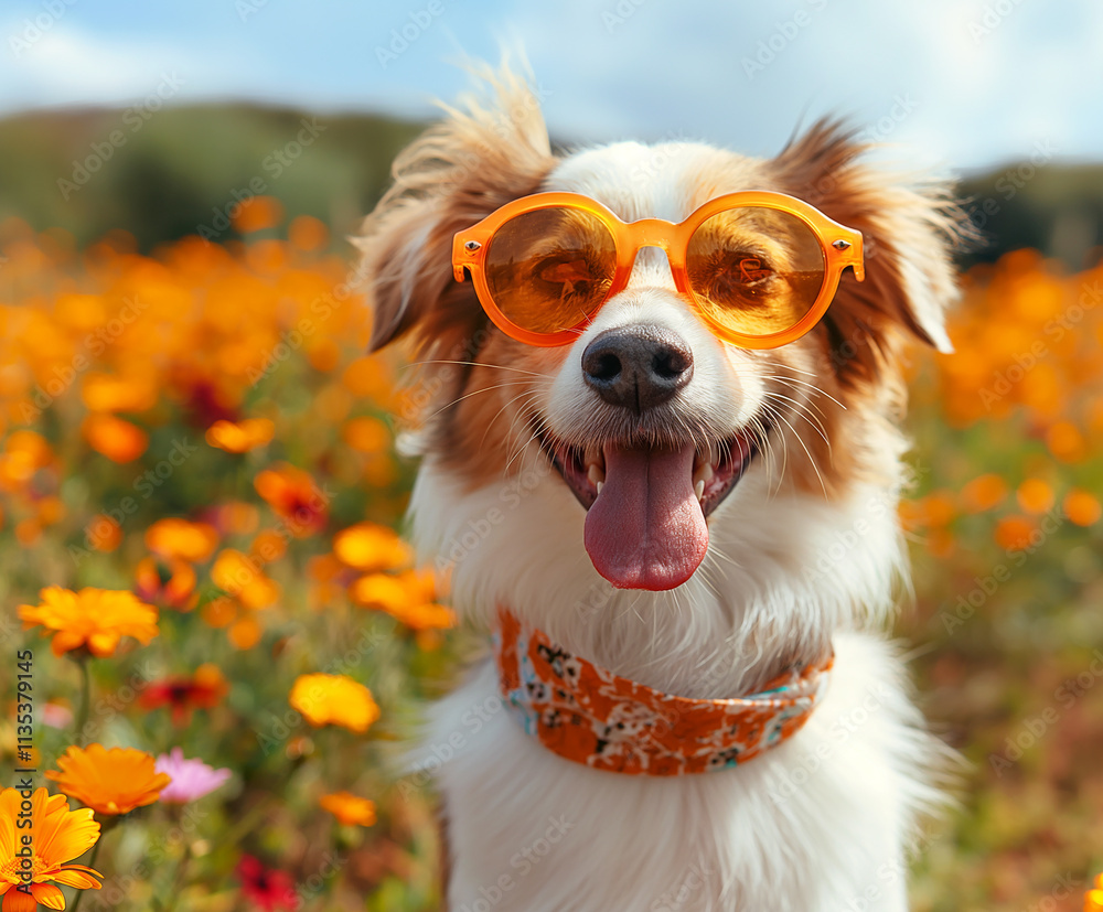 Happy dog with orange sunglasses in a field of flowers on a sunny day Happy dog with orange sunglasses in a field of flowers on a sunny day
