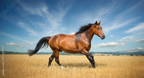 Brown horse runs freely in open golden field beneath vibrant sky