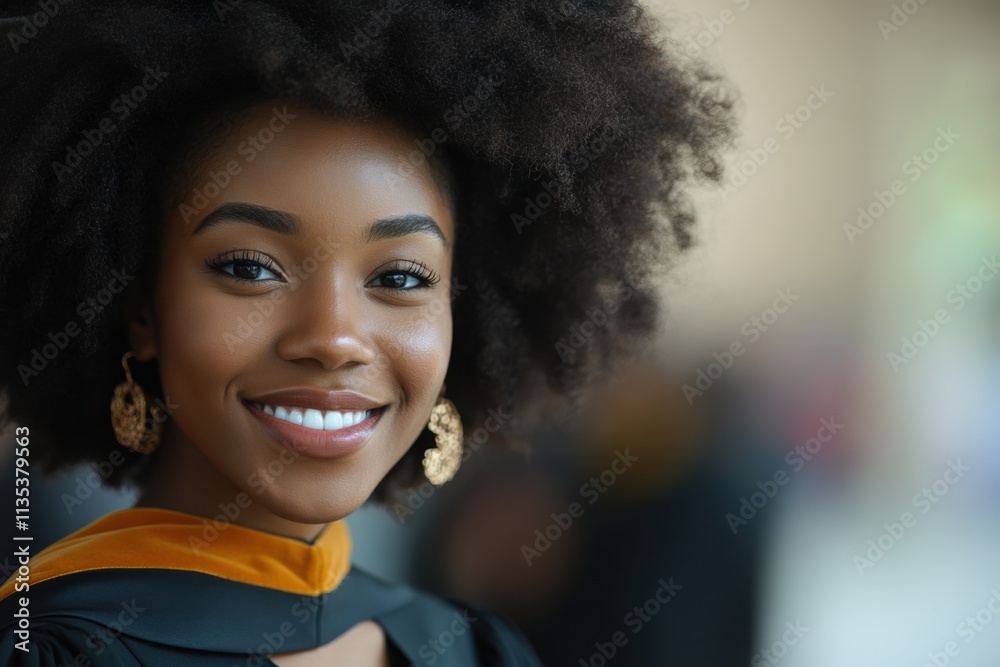 A young graduate with an afro hairstyle wearing a cap and gown, radiating confidence and joy after receiving her academic degree at a ceremony. A young graduate with an afro hairstyle wearing a cap and gown, radiating confidence and joy after receiving her academic degree at a ceremony.