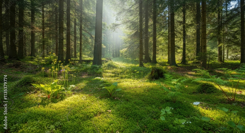 Fototapeta premium Sunlight filters through tall trees in serene, green forest