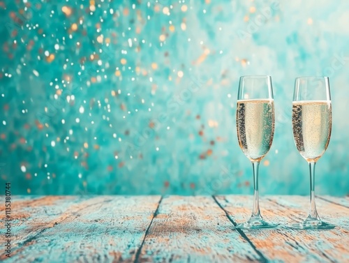 Two champagne glasses on a wooden table with a sparkling background. photo