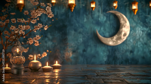 Mystical Moonlit Ambiance:  A crescent moon shimmers against a deep blue background, adorned with delicate cherry blossoms, twinkling lanterns, and flickering candles.