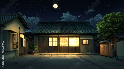 Illuminated Japanese House at Night Under a Full Moon