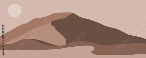 Abstract art mountain landscape in brown, beige, mocha color of the year 2025. Minimalistic style vector illustration of desert, dune for poster, banner, textile, wall art, interior decor. 