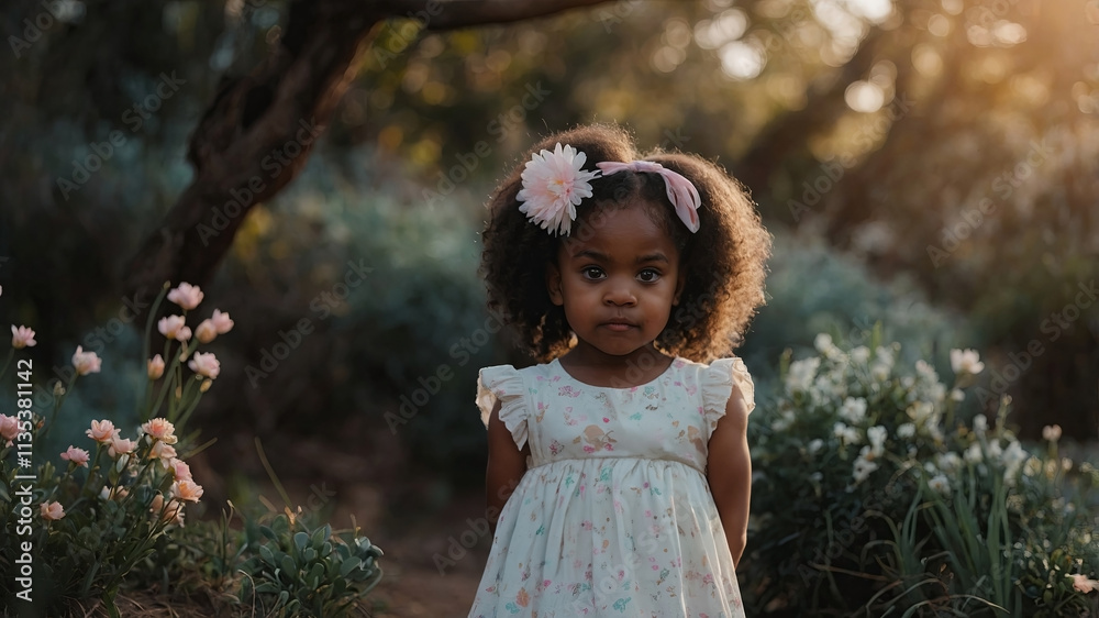 Young girl standing among blooming flowers in a serene garden during golden hour, radiating innocence and joy Young girl standing among blooming flowers in a serene garden during golden hour, radiating innocence and joy