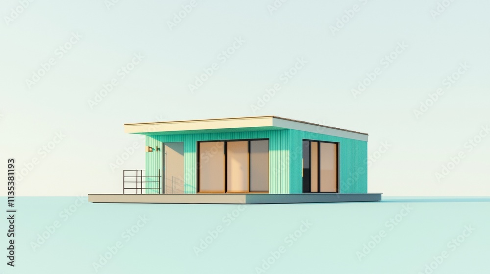 Modern turquoise house design floating over calm water with clear sky backdrop Modern turquoise house design floating over calm water with clear sky backdrop