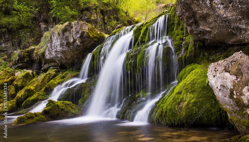 Gentle Waterfall Cascading Over Moss-Covered Rocks in a Peaceful Forest Glade Gentle Waterfall Cascading Over Moss-Covered Rocks in a Peaceful Forest Glade