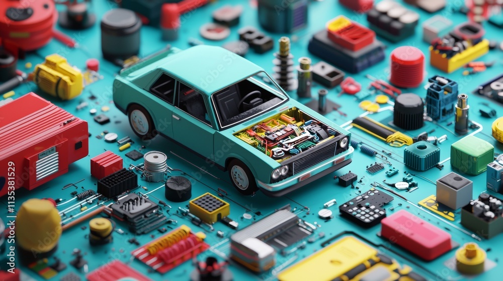 Miniature car model surrounded by colorful electronic components on a vibrant blue background Miniature car model surrounded by colorful electronic components on a vibrant blue background