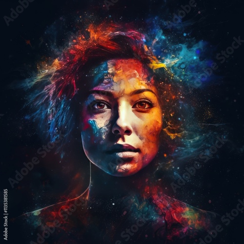 A striking abstract portrait of a woman, blending vivid splashes of color with dramatic lighting. The surreal composition conveys depth and emotion. AI generated. photo