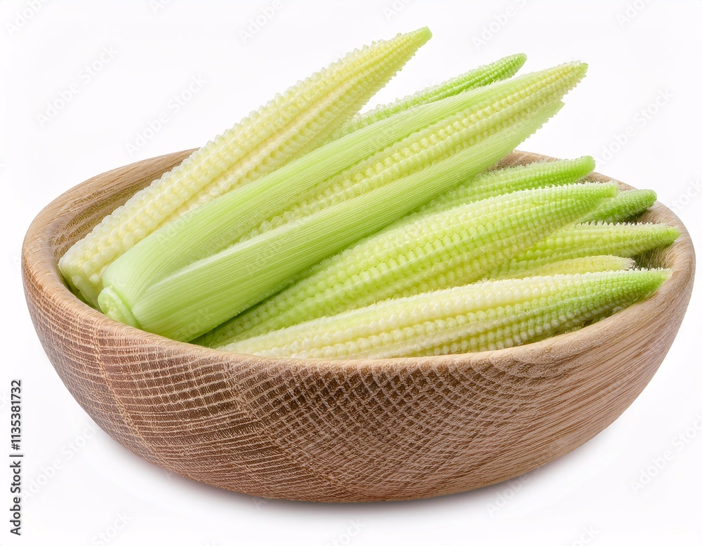 Baby corn, isolated on a white background, shows its small and slender shape. Baby corn, isolated on a white background, shows its small and slender shape.