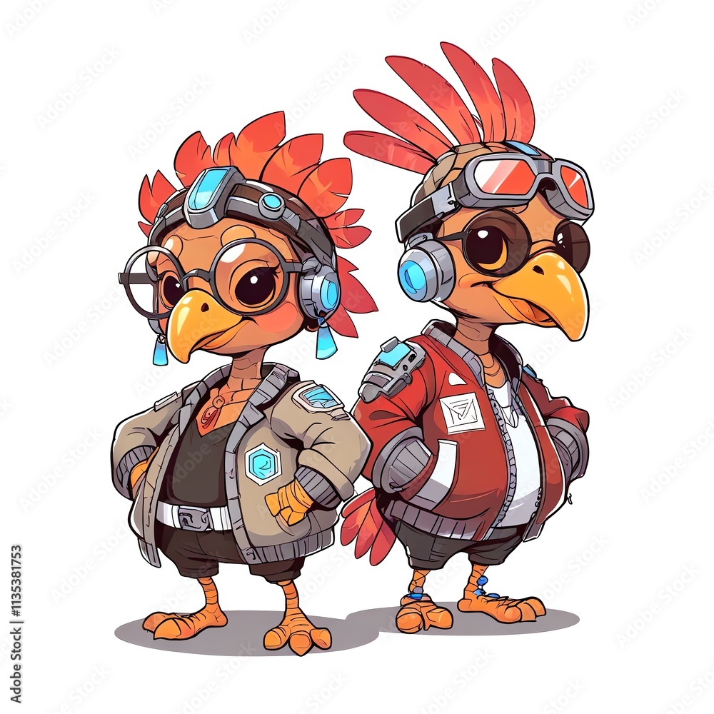 Fototapeta premium Cyberpunk Chicken Duo: Futuristic Feathered Friends