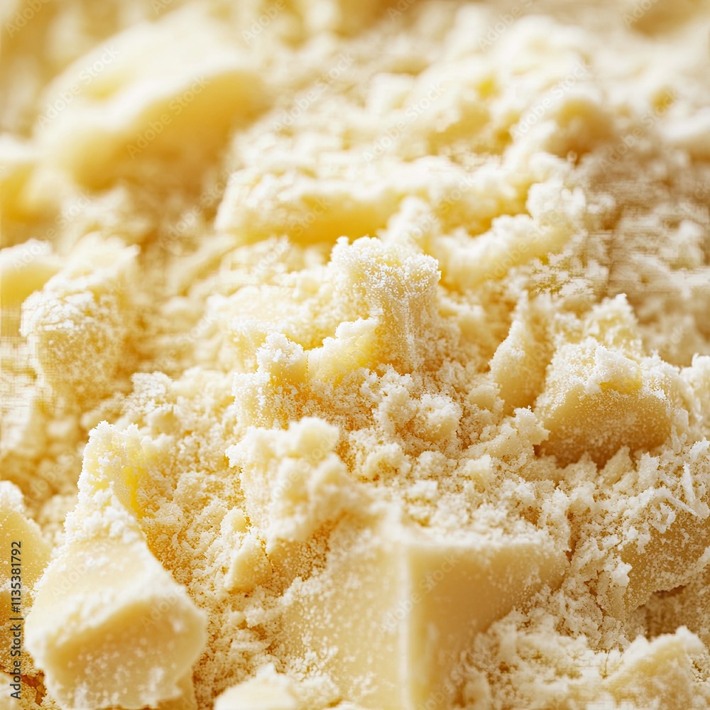 Close-up of grated Parmesan cheese, showing textured grains and vibrant color